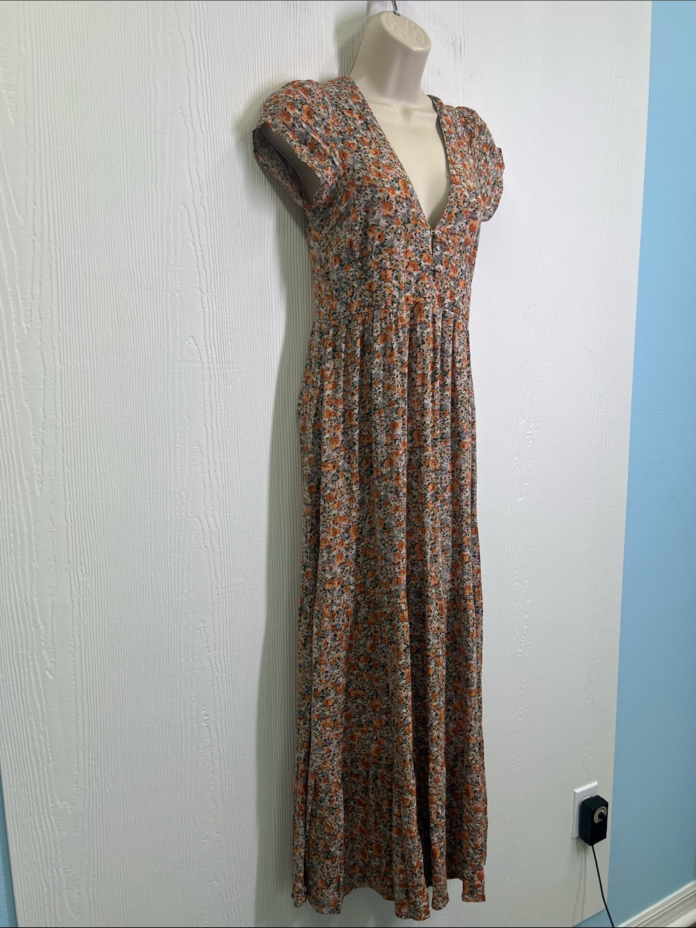 Natural Life - Colorful Floral Short Cottagecore Sleeve V Neck Maxi Dress SZ XS - Picture 3 of 11